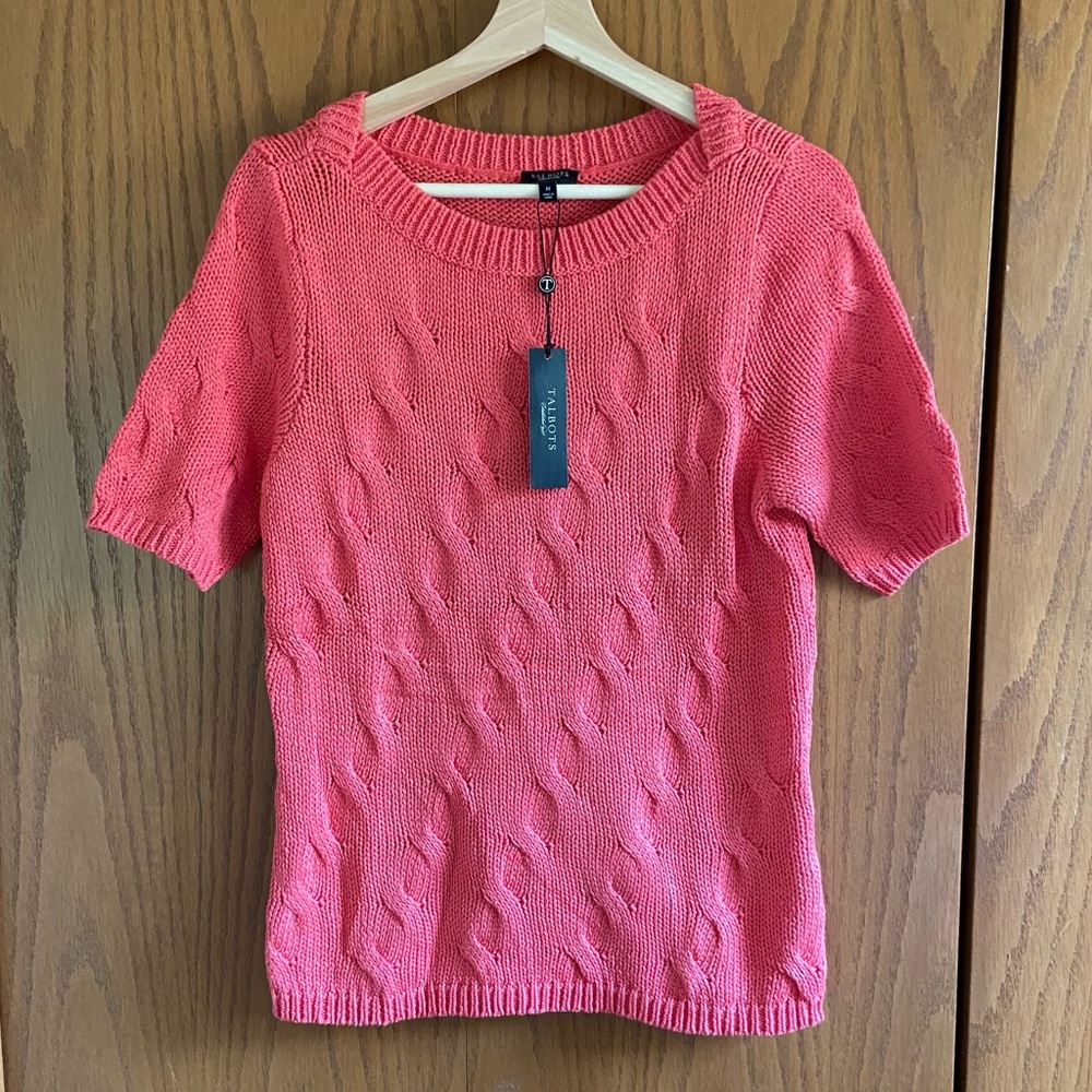 💯 Cotton Talbots Pink Coral Short-Sleeve Sweater 💖🧡
